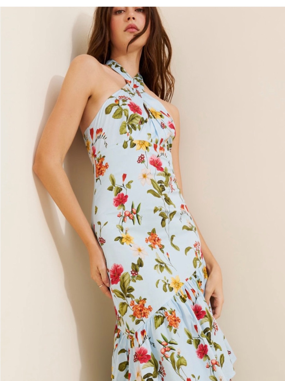 Blue Floral Halter Dress in Light Blue